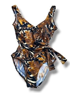 Islander Brown Black Leaf Print One-Piece Swimsuit Women’s Size 10 Summer Retro